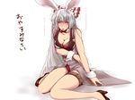 alternate_costume animal_ears bangs bare_shoulders bow bowtie breast_hold breasts bunny_ears bunny_girl bunnysuit cigarette cleavage commentary_request detached_collar fake_animal_ears fujiwara_no_mokou hair_bow high_heels leotard long_hair looking_at_viewer medium_breasts red_bow red_leotard red_neckwear silver_hair sitting sleeveless solo thigh_strap tobisawa touhou translation_request trembling very_long_hair wariza white_bow wrist_cuffs yellow_eyes 
