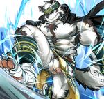  anthro armpit_hair armpits bulge canine clothing crrispy horkeukamui loincloth male mammal muscular nipples penis simple_background solo tokyo_afterschool_summoners wolf 