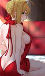  ahoge ass back backless_dress backless_outfit bangs bare_back bare_shoulders blonde_hair braid breasts butt_crack closed_mouth dress eyebrows_visible_through_hair fate/extra fate_(series) french_braid from_behind green_eyes halterneck hayabusa large_breasts looking_at_viewer looking_back meme_attire naked_sweater nero_claudius_(fate) nero_claudius_(fate)_(all) no_bra no_panties on_bed red_dress ribbed_sweater short_hair sideboob sidelocks sitting smile solo sweater sweater_dress turtleneck turtleneck_sweater virgin_killer_sweater wariza 