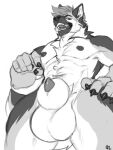  3:4 abs animal_genitalia anthro balls big_balls canid canine cheek_tuft chest_tuft facial_tuft fangs front_view genitals hair hand_on_hip hi_res male male_anthro mammal monochrome muscular muscular_anthro muscular_male narrowed_eyes neck_tuft nipples nude open_mouth pecs penis penis_tip sheath short_hair simple_background sketch solaxe_(artist) solo standing teeth thick_sheath tuft 