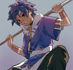  1boy babykatafan blue_hair blue_hoodie cai_(fire_emblem) fire_emblem fire_emblem:_fortune's_weave highres holding holding_polearm holding_weapon hood hood_down hoodie looking_at_viewer male_focus polearm two-tone_hoodie weapon white_hoodie yellow_eyes 