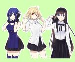  3girls ahoge alternate_costume arcueid_brunestud black_dress black_hair black_hairband black_ribbon black_skirt blonde_hair blue_eyes blue_hair breasts ciel_(tsukihime) cleavage_cutout clothing_cutout dress gloves hairband hand_on_own_head highres kaisaki long_hair multiple_girls official_alternate_costume powered_ciel red_eyes ribbon shirt short_hair skirt sleeve_cuffs sukiniyaru thighhighs tohno_akiha tsukihime tsukihime_(remake) wavy_hair white_shirt 