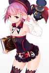  armpits bare_shoulders belt black_legwear blush book colonel_olcott_(fate/grand_order) commentary_request detached_sleeves fate/grand_order fate_(series) flat_chest hat helena_blavatsky_(fate/grand_order) highres looking_at_viewer machimura_komori purple_eyes purple_hair short_hair solo strapless thighhighs thighs tree_of_life white_sleeves 