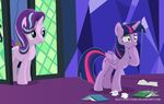  2017 absurd_res book castle crystal cutie_mark door duo equine feathered_wings feathers female feral friendship_is_magic fur hair hi_res horn inside mammal multicolored_hair my_little_pony pink_fur purple_eyes purple_feathers purple_fur shutterflyeqd starlight_glimmer_(mlp) sweat twilight_sparkle_(mlp) unicorn winged_unicorn wings 