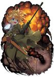  :d blonde_hair blue_eyes boots brown_gloves coat colored_eyelashes dual_wielding explosion fang finger_on_trigger full_body gloves gun hair_between_eyes highres holding jewelry laughing looking_at_viewer machine_gun military military_uniform neko7 open_mouth pants pendant ponytail rifle short_hair smile smoke solo tanya_degurechaff uniform weapon youjo_senki 