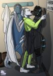 against_surface against_wall anthro black_body black_clothing black_fur black_hair black_tail blue_markings boots_removed bulge_rubbing canid canine canis clothing clothing_aside dragon duo feet fitting_room fluffy fluffy_tail frottage fur gear green_clothing grey_body grey_hair grey_tail hair hi_res holding_wrist kissing male male/male mammal markings mythological_creature mythological_scalie mythology neoprene passionate passionate_kiss penile penises_touching public scalie sex skinsuit slinky_(slinkyman) stealth_sex store tail tight_clothing torrosketch trying_on_clothes voyeur wetsuit wings wolf