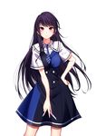  black_hair grisaia_(series) grisaia_no_kajitsu hand_on_hip holding holding_weapon long_hair looking_at_viewer purple_eyes sakaki_yumiko simple_background solo tsugaru_(co-walker) weapon white_background 