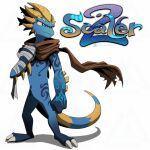  2_toes 3_fingers aged_up anthro arm_spikes blue_body blue_eyes claws feet fingers horn lizard logo male prismanoodle_(artist) reptile scaler scaler_(character) scales scalie scarf simple_background solo spikes spikes_(anatomy) tail tattoo toes video_games wrapped_arms wraps yellow_body 