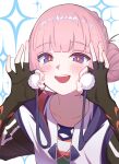  1girl absurdres black_gloves blue_shirt blush collarbone commentary fingerless_gloves fingernails gloves grey_shirt hair_bun highres holding hood hoodie kaf_(kamitsubaki_studio) kamitsubaki_studio looking_at_viewer nail_polish open_mouth orange_shirt pink_hair pink_nails pom_pom_(clothes) purple_eyes purple_hoodie red_hoodie red_pupils shirt smile solo sparkle teeth umeboshi_(pixiv106746392) upper_teeth_only virtual_youtuber white_background white_hoodie yellow_pupils 