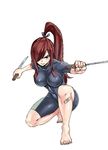  bandaid bandaid_on_knee barefoot bodysuit breasts brown_eyes cleavage commentary_request dual_wielding erza_scarlet fairy_tail full_body hair_over_one_eye hair_ribbon high_ponytail holding large_breasts long_hair looking_at_viewer mashima_hiro red_hair reverse_grip ribbon simple_background skin_tight solo sword tantou toes weapon white_background 