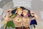  2boys age_progression axis_powers_hetalia belt black_belt black_cape black_hat blonde_hair blue_jacket blush brothers brown_pants cape child closed_eyes closed_mouth collared_jacket collared_shirt commentary_request cross cross_necklace dated fang flag floating_clothes german_flag german_text germany_(hetalia) green_jacket grey_background grey_hair hand_on_another&#039;s_head hand_up hands_up hat highres holding holding_flag holy_roman_empire_(hetalia) iron_cross jacket jewelry long_sleeves male_focus military_jacket multiple_boys multiple_views necklace no_eyes open_clothes open_jacket open_mouth pants prussia_(hetalia) shirt short_hair siblings sleeves_rolled_up smile standing surimi_003 tearing_up teeth tongue white_cape white_shirt 