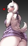  &lt;3 2017 anthro big_breasts big_butt blush boss_monster bottomless breasts butt caprine clothed clothing female fluffy fluffy_tail fur goat hi_res horn long_ears looking_at_viewer looking_back mammal nme purple_eyes rear_view simple_background solo standing toriel undertale video_games white_fur 