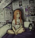  1girl bed black_eyes brown_hair crossed_legs english_commentary english_text helllst4r highres indoors long_hair looking_at_viewer messy_hair original pillow poster_(object) shirt sitting smile solo stuffed_toy this_man white_shirt 