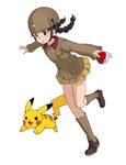  black_hair blush_stickers boots braid brown_eyes brown_footwear brown_jacket chi-hatan_military_uniform fukuda_(girls_und_panzer) full_body gen_1_pokemon girls_und_panzer glasses helmet holding holding_poke_ball ikomochi jacket long_hair long_sleeves looking_to_the_side military military_uniform miniskirt parted_lips pikachu pleated_skirt poke_ball poke_ball_(generic) pokemon pokemon_(creature) round_eyewear running simple_background skirt standing standing_on_one_leg twin_braids twintails uniform white_background yellow_skirt 