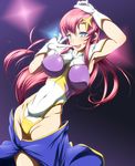  armpits blue_eyes breasts danpu gloves gundam gundam_seed gundam_seed_destiny headset highleg highleg_leotard large_breasts leotard long_hair meer_campbell microphone pink_hair skirt solo 