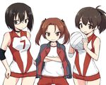  alternate_costume bangs black_eyes black_hair black_ribbon brown_eyes brown_hair closed_mouth cowboy_shot crossed_arms elbow_pads girls_und_panzer gym_shirt gym_shorts gym_uniform hair_ribbon hands_on_hips holding jacket jacket_on_shoulders kadotani_anzu kakizaki_(chou_neji) kawashima_momo koyama_yuzu long_hair looking_at_viewer monocle multiple_girls neck_ribbon open_mouth parted_bangs red_shorts ribbon shirt short_hair short_ponytail short_shorts shorts simple_background sleeveless sleeveless_shirt smile smirk sportswear track_jacket twintails volleyball volleyball_uniform white_background white_shirt 