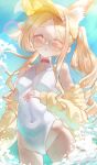  1girl absurdres animal_ears azuma_(sospower73) bare_shoulders blue_archive blush breasts covered_navel extra_ears eyes_visible_through_hair fox_ears fox_girl hair_over_one_eye highleg highleg_one-piece_swimsuit highres jacket long_hair one-piece_swimsuit open_clothes open_jacket parted_lips pink-tinted_eyewear pink_eyes seia_(blue_archive) seia_(swimsuit)_(blue_archive) side_ponytail solo sunglasses swimsuit tinted_eyewear visor_cap white_one-piece_swimsuit yellow_jacket 