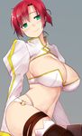  ass bangs blush boudica_(fate/grand_order) bra breasts cleavage closed_mouth commentary_request eyebrows_visible_through_hair fate/grand_order fate_(series) green_eyes grey_background highres juliet_sleeves large_breasts light_smile long_sleeves looking_at_viewer midriff navel o-ring o-ring_bottom o-ring_top parted_bangs pen_(pen3) puffy_sleeves red_hair short_hair shrug_(clothing) simple_background smile solo thigh_strap thighhighs thighs tied_hair underwear white_bra 