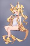  1girl :q animal_ear_fluff animal_ears bare_shoulders blonde_hair blue_archive boots breasts closed_mouth commentary covered_navel english_commentary eyewear_hang food forehead fox_ears fox_girl fox_tail full_body grey_background highres holding holding_food jacket leotard long_sleeves miya_(miyaruta) off_shoulder open-toe_boots open_clothes open_jacket parted_bangs popsicle puffy_long_sleeves puffy_sleeves purple_eyes red-tinted_eyewear seia_(blue_archive) seia_(swimsuit)_(blue_archive) side_ponytail simple_background sitting small_breasts smile solo sunglasses tail tinted_eyewear tongue tongue_out unworn_eyewear visor_cap white_leotard yellow_boots yellow_jacket 