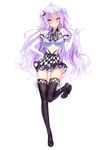  ass_visible_through_thighs blush bra dk.senie elbow_gloves full_body gloves highres long_hair looking_at_viewer open_clothes open_shirt panties purple_eyes purple_hair shirt simple_background solo standing thighhighs underwear 