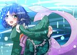  blue_eyes blue_hair drill_hair green_kimono head_fins japanese_clothes kimono mermaid monster_girl obi open_mouth oshiaki sash short_kimono solo swimming touhou underwater wakasagihime wide_sleeves 