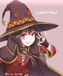  :d black_hair cape celebration collar commentary disco_brando dress facepaint fingerless_gloves gloves hat kono_subarashii_sekai_ni_shukufuku_wo! looking_at_viewer megumin open_mouth red_eyes short_hair smile solo thank_you thighhighs twitter_username v witch_hat 