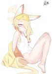  1girl absurdres animal_ear_fluff animal_ears asdz5555 barefoot blonde_hair blue_archive breasts clothing_cutout covered_navel cross_halo diamond_cutout fox_ears fox_girl fox_tail halo highleg highleg_one-piece_swimsuit highres jacket long_hair official_alternate_costume official_alternate_hairstyle one-piece_swimsuit orange_eyes seia_(blue_archive) seia_(swimsuit)_(blue_archive) side_ponytail simple_background small_breasts solo swimsuit tail visor_cap white_background white_one-piece_swimsuit yellow_halo yellow_jacket yellow_visor 