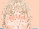  1girl alt_text blonde_hair blue_shirt blush close-up closed_mouth colored_eyelashes commentary_request dungeon_meshi eyelashes falin_touden falin_touden_(tallman) hands_on_own_face hands_up looking_at_viewer pink_background portrait sasakura34 shirt short_hair simple_background solo sparkling_eyes wavy_mouth wide-eyed yellow_eyes 