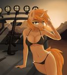  anthro anthrofied assault_rifle blonde_hair bra breasts butt clothing desert_background dipstick_tail equine fan_character female green_eyes gun hair half-closed_eyes hi_res high_impact_(character) high_impact_(oc) horn legwear lingerie looking_at_viewer looking_forward mammal multicolored_tail my_little_pony ranged_weapon rear_view rifle seductive simple_background smile smoke solo teeth underwear unicorn vehicle vulpessentia watermark weapon 