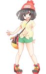  10s 1girl bag beanie black_eyes black_hair eyebrows eyebrows_visible_through_hair female female_protagonist_(pokemon_sm) full_body hat nintendo open_mouth pokemon pokemon_(game) pokemon_sm print_shirt seamoon shoes short_sleeves shorts simple_background solo standing tied_shirt white_background 