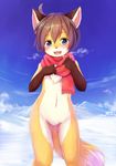  1girl animal_ears blue_eyes blush brown_hair chest_tuft fox_ears fox_tail fur furry highres kagerofu looking_at_viewer naked_scarf navel nude scarf smile solo tail whiskers 