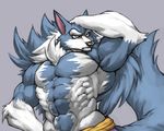  2017 abs anthro armpits biceps blue_fur canine chest_tuft clothed clothing darkstalkers digital_media_(artwork) flakjacket0204 fur half-length_portrait hand_above_head hand_on_head huge_muscles jon_talbain looking_at_viewer male mammal multicolored_fur muscular muscular_male orange_eyes pants pecs portrait raised_arm raised_tail simple_background solo standing topless tuft two_tone_fur video_games were werewolf white_background white_fur 