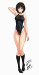  1girl absurdres amagami arm_behind_head arm_up armpits ass_visible_through_thighs bare_arms black_choker black_eyes black_hair black_one-piece_swimsuit black_socks blue_one-piece_swimsuit breasts choker closed_mouth commentary_request competition_swimsuit dated full_body hair_between_eyes highleg highleg_one-piece_swimsuit highres japanese_clothes kimono kneehighs large_breasts looking_at_viewer md5_mismatch nanasaki_ai no_shoes one-piece_swimsuit one-piece_tan revision short_hair signature simple_background smile socks solo standing swimsuit tan tanlines thigh_gap two-tone_one-piece_swimsuit white_background wide_sleeves yoo_tenchi yukata 