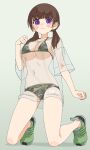  1girl absurdres bikini bikini_under_clothes blush_stickers brown_hair camouflage camouflage_bikini closed_mouth commentary_request full_body green_background green_shoes hair_over_shoulder hand_up highres kneeling kopaka_(karda_nui) long_hair looking_at_viewer low_twintails navel no_socks original purple_eyes see-through_clothes see-through_shirt shadow shirt shoes short_sleeves simple_background sneakers solo stomach swimsuit twintails wavy_mouth wide_sleeves 