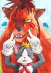  absurd_res anthro black_body blue_sky cait_sith_(ff7) canid cape clothing crown domestic_cat duo ear_piercing ear_ring feathers felid feline felis feral final_fantasy final_fantasy_vii fur gloves hair handwear happy headgear hi_res hybrid lion lips male mammal painting_(artwork) pantherine piercing red_body red_fur red_xiii ring_piercing robot_anthro sky smile some_(someone) square_enix teeth thick_bottom_lip traditional_media_(artwork) traditional_painting_(artwork) traditional_watercolor_(artwork) watercolor_(artwork) whiskers white_body 