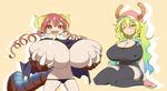 2girls ;) baseball_cap blush breast_grab breasts claws cleavage erect_nipples gigantic_breasts grabbing gradient_hair hat horns huge_breasts iruru kobayashi-san_chi_no_maidragon long_hair looking_at_viewer looking_down matsu-sensei multicolored_hair multiple_girls official_style one_eye_closed open_mouth orange_background pink_shoes pointy_ears quetzalcoatl_(maidragon) red_eyes red_hair self_fondle sharp_teeth shoes simple_background sitting smile sneakers tail tank_top teeth thick_thighs thighhighs thighs very_long_hair wariza 