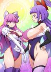  adapted_costume artist_name breasts choker commentary_request crossover cure_macaron cure_magical elbow_gloves extra_ears food_themed_hair_ornament gloves hair_ornament handshake highleg highleg_leotard huge_breasts izayoi_liko joy_ride kirakira_precure_a_la_mode kotozume_yukari leotard long_hair looking_at_viewer macaron_hair_ornament mahou_girls_precure! multiple_girls navel navel_cutout pink_eyes pink_hair precure purple_choker purple_hair purple_leotard smile thighs very_long_hair 