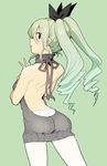  anchovy ass backless_dress backless_outfit bare_back butt_crack cowboy_shot dress drill_hair from_behind girls_und_panzer green_hair halterneck looking_at_viewer looking_back meme_attire nakasone_haiji pantyhose red_eyes solo sweater sweater_dress twin_drills virgin_killer_sweater white_legwear 