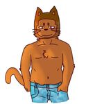  anthro brown_fur brown_hair bulge clothed clothing contemplatingbuizel digital_media_(artwork) feline fur hair looking_at_viewer male mammal simple_background slightly_chubby smile solo standing topless white_background 
