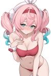  1girl absurdres aqua_eyes armpit_crease bare_shoulders bikini blush breasts cleavage closed_mouth collarbone colored_tips commentary cowboy_shot hair_between_eyes hairband hand_on_own_chest highres honkai:_star_rail honkai_(series) hyacine_(honkai:_star_rail) long_hair looking_at_viewer lunacle medium_breasts multicolored_hair navel paid_reward_available pink_bikini pink_hair pink_hairband simple_background solo stomach sweat swimsuit thigh_gap thighs twintails white_background yellow_pupils 