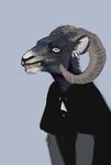  anthro caprine clothed clothing fangs fur goat horn looking_at_viewer male mammal plgdd simple_background solo teeth 