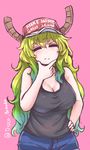  baseball_cap blonde_hair breasts chin_stroking cleavage closed_eyes commentary disco_brando dragon_girl gradient_hair green_hair hand_on_hip hat headwear_writing horns kobayashi-san_chi_no_maidragon large_breasts long_hair make_america_great_again multicolored_hair pink_background quetzalcoatl_(maidragon) shorts simple_background solo source_quote_parody tank_top twitter_username wavy_hair 