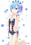  bad_id bad_pixiv_id barefoot bikini black_swimsuit blue_bikini blue_eyes blue_hair casual_one-piece_swimsuit flower hair_ornament hair_over_one_eye hairband hands_clasped hiro9779 kneeling layered_swimsuit one-piece_swimsuit own_hands_together pink_ribbon re:zero_kara_hajimeru_isekai_seikatsu rem_(re:zero) ribbon short_hair solo swimsuit x_hair_ornament 