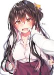  1girl admiral_(kantai_collection) black_hair blush breasts cleavage embarrassed finger_in_another's_mouth finger_in_mouth gloves hair_between_eyes highres jacket kantai_collection long_hair long_sleeves looking_at_viewer medium_breasts multicolored_hair naganami_(kantai_collection) open_clothes open_mouth open_shirt pink_hair purple_vest shirt simple_background soukou_makura two-tone_hair vest white_background white_gloves white_jacket white_shirt yellow_eyes 