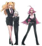  3girls anne_bonny_(fate/grand_order) blonde_hair blue_eyes breasts coat fate/extra fate/grand_order fate_(series) mary_read_(fate/grand_order) multiple_girls necktie open_mouth pants pink_hair red_eyes rider_(fate/extra) scar shoes short_hair silver_hair skirt smile suit twintails very_long_hair 
