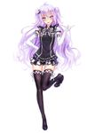  commentary_request dk.senie elbow_gloves full_body gloves highres long_hair looking_at_viewer purple_eyes purple_hair shoe_dangle simple_background solo standing thighhighs 