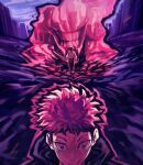  2boys absurdres aura cityscape clenched_teeth closed_mouth cursed_energy_(jujutsu_kaisen) glowing glowing_eye highres holding holding_sword holding_weapon itadori_yuuji jacket jujutsu_kaisen katana multiple_boys nominoparadox okkotsu_yuuta orimoto_rika scar scar_on_face scared shaded_face shikigami short_hair spiked_hair sword teeth weapon white_jacket 