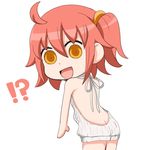  1girl :d ahoge aran_sweater ass back backless_dress backless_outfit bangs bare_back butt_crack chibi commentary cowboy_shot dress fate/grand_order fate_(series) from_behind fujimaru_ritsuka_(female) hair_between_eyes halterneck looking_at_viewer looking_back mai_(t-5) meme_attire naked_sweater open_mouth orange_eyes pink_hair red_hair ribbed_sweater riyo_(lyomsnpmp)_(style) short_hair side_ponytail simple_background smile solo sweater sweater_dress turtleneck turtleneck_sweater virgin_killer_sweater white_background 