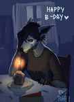  anthro candle canine clothed clothing cupcake english_text female food fur hair mammal plgdd sitting smile solo text 