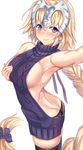  alternate_costume aran_sweater armpits ass backless_dress backless_outfit bangs bare_back black_legwear black_panties blonde_hair blue_eyes blue_ribbon blush braid breasts butt_crack closed_mouth commentary_request cowboy_shot dress eyebrows_visible_through_hair fate/apocrypha fate_(series) from_side hair_between_eyes hair_ribbon halterneck hand_on_own_chest headpiece jeanne_d'arc_(fate) jeanne_d'arc_(fate)_(all) large_breasts long_hair looking_at_viewer meme_attire panties reaching_out ribbed_sweater ribbon self_shot sideboob simple_background single_braid smile solo sweater sweater_dress thighhighs tress_ribbon turtleneck turtleneck_sweater underwear untsue virgin_killer_sweater white_background 